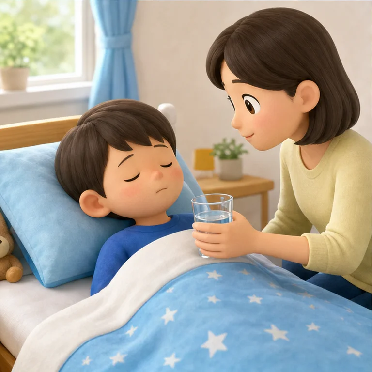 風邪のときは、ゆっくり休みます。
水やお茶を少しずつ飲みます。
つらいときは、すぐに大人に言いましょう。