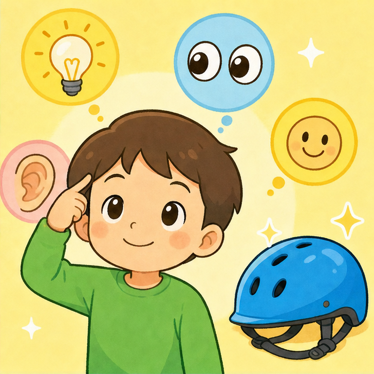 あたまは、とっても たいせつ。
かんがえたり、みたり、きいたり、わらったりするための たからもの。
もしも ころんだとき、ヘルメットが あたまを まもる おてつだいを してくれるよ。
だから、ヘルメットは からだを まもる なかよしアイテムなんだ。
