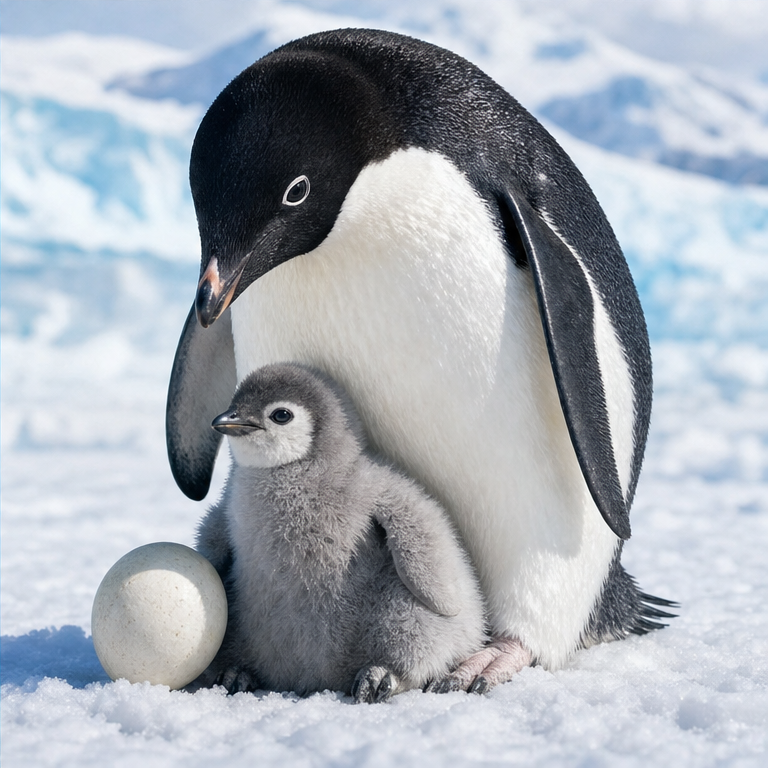 ペンギンの赤ちゃんは、卵から生まれます。
生まれたばかりのひなは、ふわふわしています。
親ペンギンが、あたためたり守ったりします。