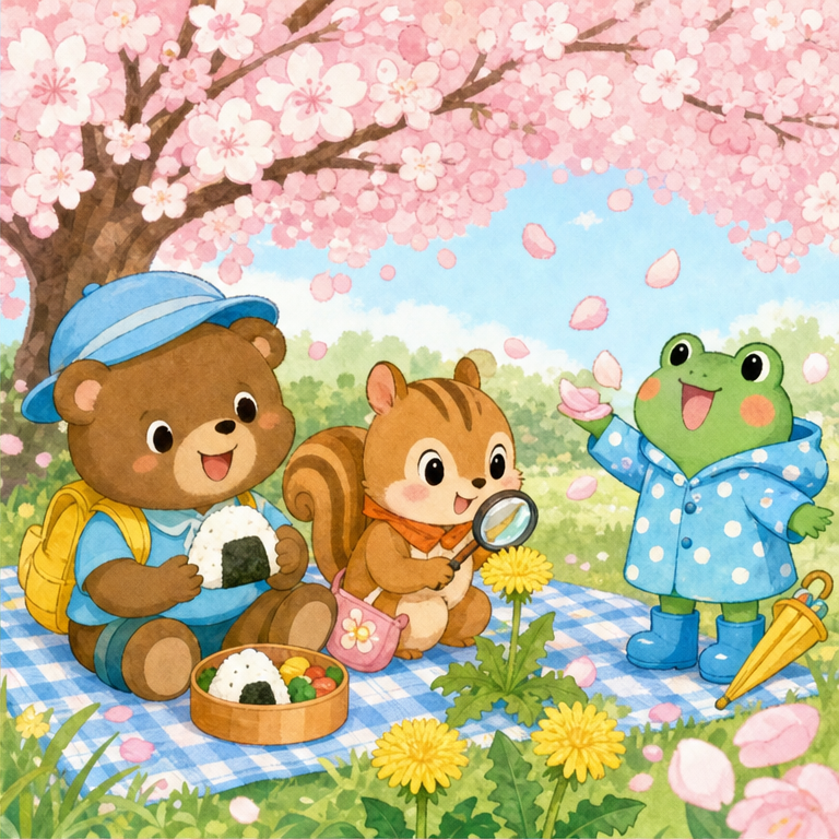 日本の春には、桜の花がたくさん咲きます。
みんなで桜を見ることを、お花見といいます。
桜の下で食べたり、花びらを見たりすると、うれしい気持ちになります。