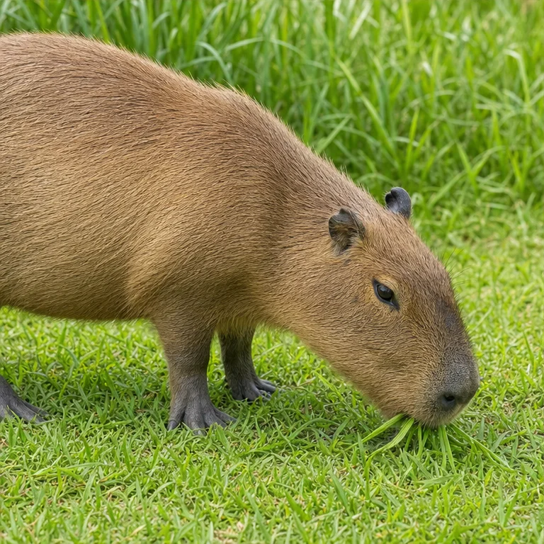 Capybaras eat grass.
They also eat leaves and grasses near the water.
They are animals that eat plants, not meat.