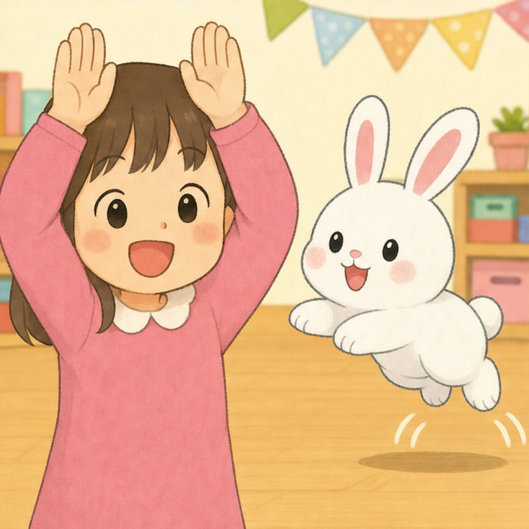 つぎは、うさぎさん。
うさぎさんは、ながいお耳があるね。
両手を頭の上にのせて、ぴんと立ててみよう。
ぴょんぴょん、うさぎさんみたいにかわいいね。