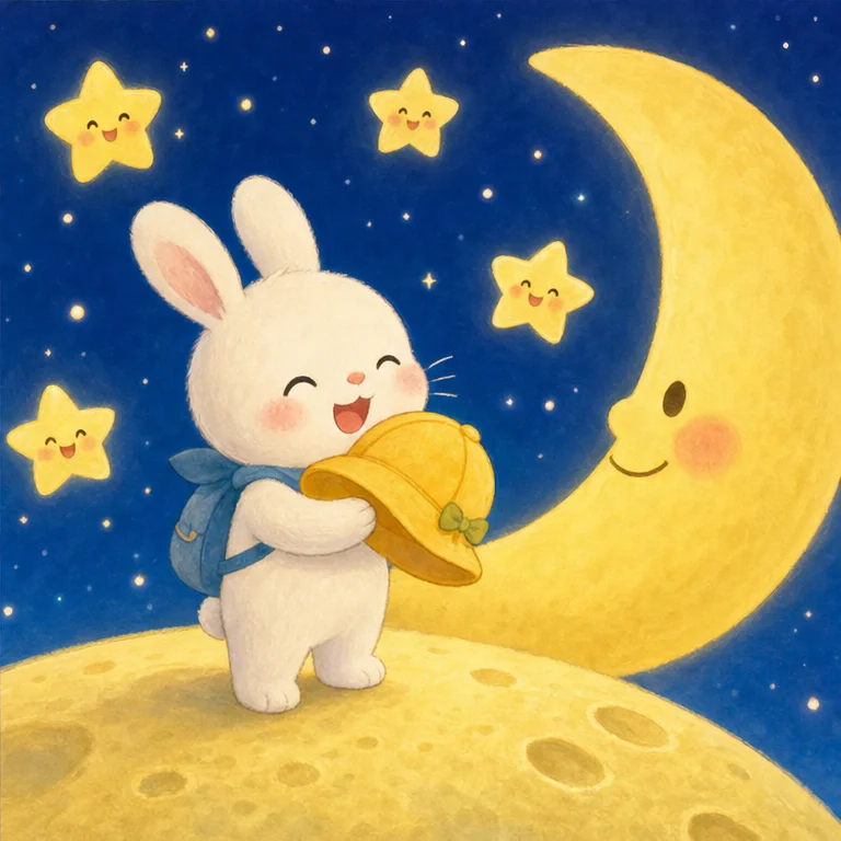 드디어 아기 토끼는 달에 도착했어요.
보니, 노란 모자가 달 끝에 걸려 있었어요.
“찾았다! 내 모자!”
아기 토끼는 모자를 꼭 끌어안았어요.
도와주었던 별들도 반짝반짝 빛나며 기뻐했어요.
아기 토끼는, 용기를 내어 앞으로 나아가는 것과 어려움에 처한 친구를 돕는 것이 아주 소중하다는 걸 알게 되었어요.