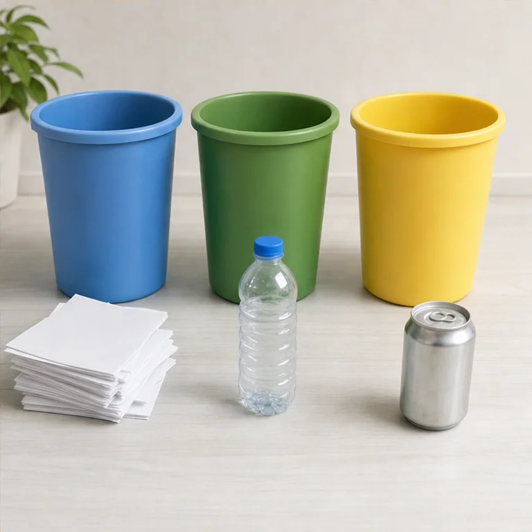 Sometimes we sort trash before putting it in.
There is paper, bottles, cans, plastic bottles, and more.
Let’s check with an adult to see where it should go.