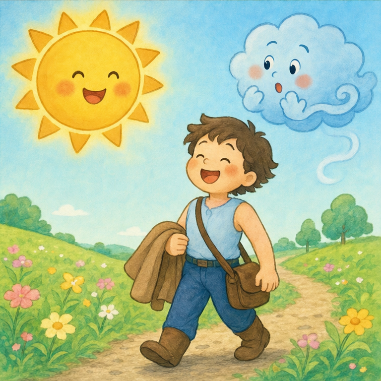 太陽さんが、やさしくぽかぽか照らしつづけると、旅人さんは言いました。
「あつくなってきたぞ。」
そして、旅人さんはコートをぬぎました。
北風さんは、びっくりしました。
太陽さんは言いました。
「強くするより、やさしくするほうが、うまくいくこともあるんだよ。」
