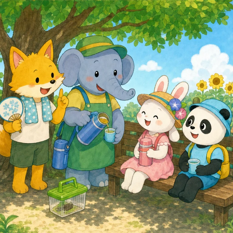 夏を楽しくすごすには、からだを大切にすることも大事だよ。
ぼうしをかぶって、水分をとって、ときどき休もうね。
元気が出たら、また楽しくあそべるよ。