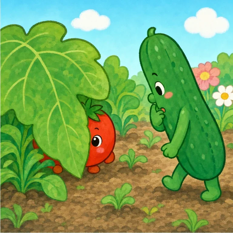 とまとちゃんは、大きな 葉っぱの うしろに かくれました。
でも、赤い まあるい からだが、ちょこっと 見えています。
きゅうりくんは、きょろきょろ。
「あれ？葉っぱの うしろに、赤いものが あるよ」
とまとちゃんは、しーっ と しています。