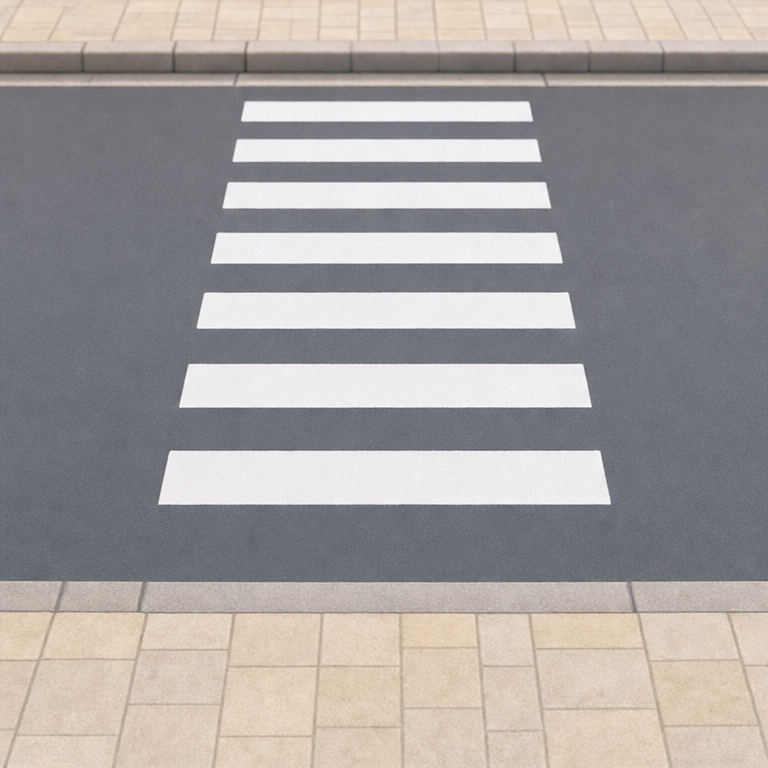 横だん歩道は、道路をわたるための場所です。
白いしましまのもようがあります。
道路をわたるときは、横だん歩道を使います。