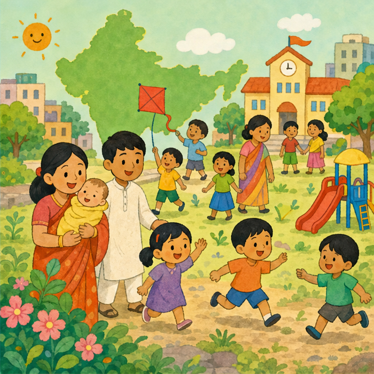 国によっては、住む人がだんだん増えています。
たとえば、インドという国では、子どもや若い人がたくさんいます。
赤ちゃんがたくさん生まれると、その国に住む人は少しずつ増えていきます。
公園や学校も、にぎやかになります。