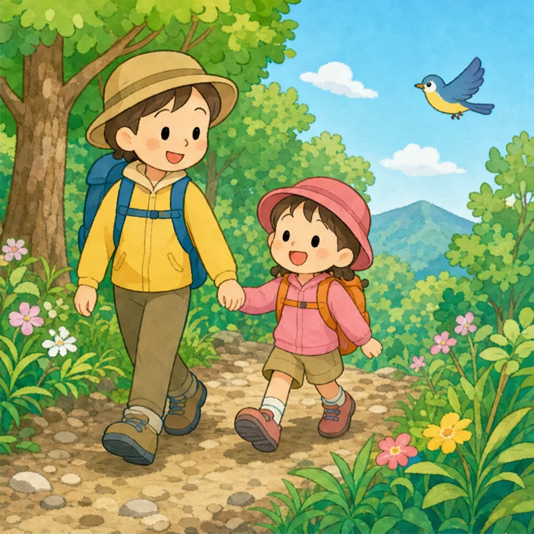 Mountain paths can be bumpy.
If you run, you might fall down.
So we look ahead and walk slowly.
It feels safe to walk together with a grown-up.