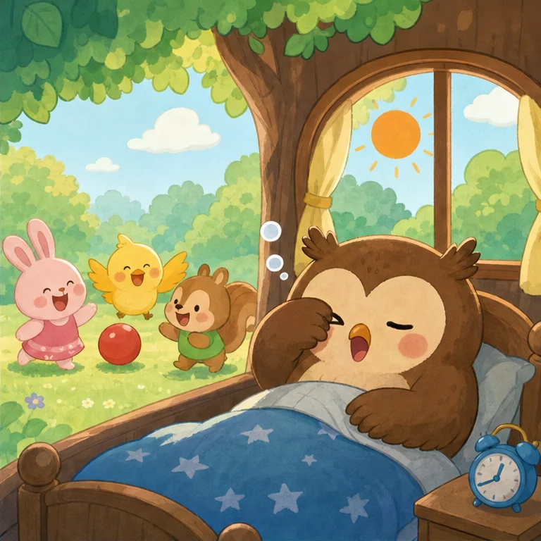つぎの朝、太陽が のぼりました。
おともだちは 外で にこにこ あそんでいます。
でも、ふくろうくんは ねむくて ねむくて 起きられません。
「ふわぁ……もっと ねたいよ……」
