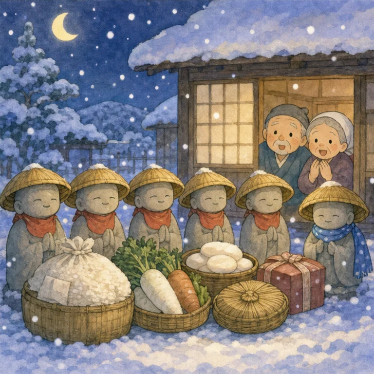 That night, they heard the sound of a sled being pulled outside the house.
When the old man and old woman looked outside… what a surprise!
The Jizo statues had brought them rice and rice cakes.
The Jizo statues, who had been treated kindly, had come to say “thank you.”