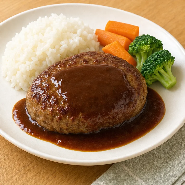できたハンバーグは、お皿にのせます。
ごはんや野菜と一緒に食べることがあります。
やわらかくて、あたたかい料理です。