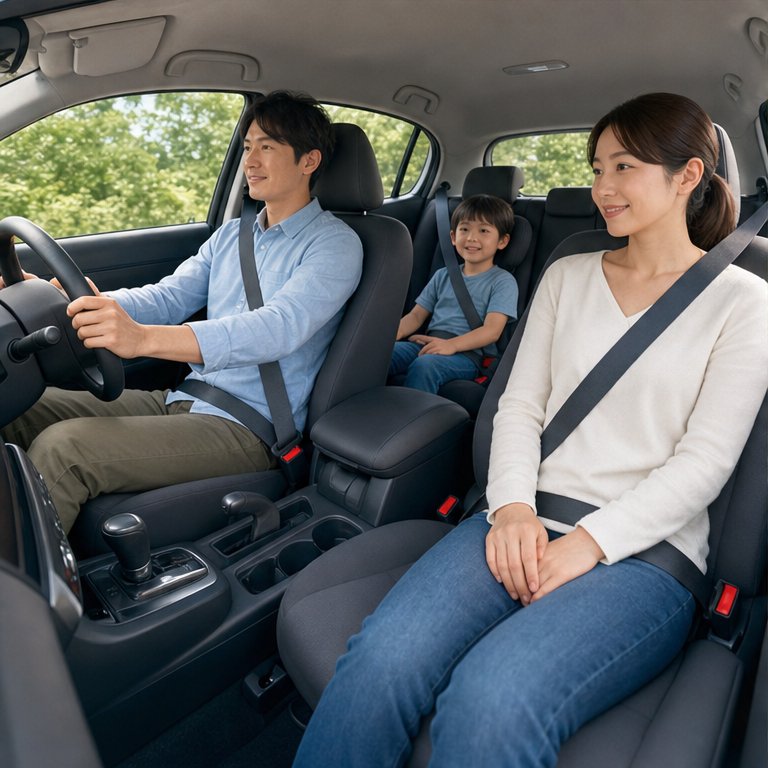 くるまの中には、座る席があります。
運転する人は、ハンドルを持ちます。
乗るときは、シートベルトをつけます。