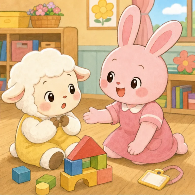 その日、うさぎの子の ピョンちゃんが、モコちゃんの ところへ 来ました。
ピョンちゃんは、モコちゃんの 名前を おぼえていました。
「モコちゃん、いっしょに あそぼう」
自分の名前を よんでもらえて、モコちゃんの 心は ぽかぽか しました。
