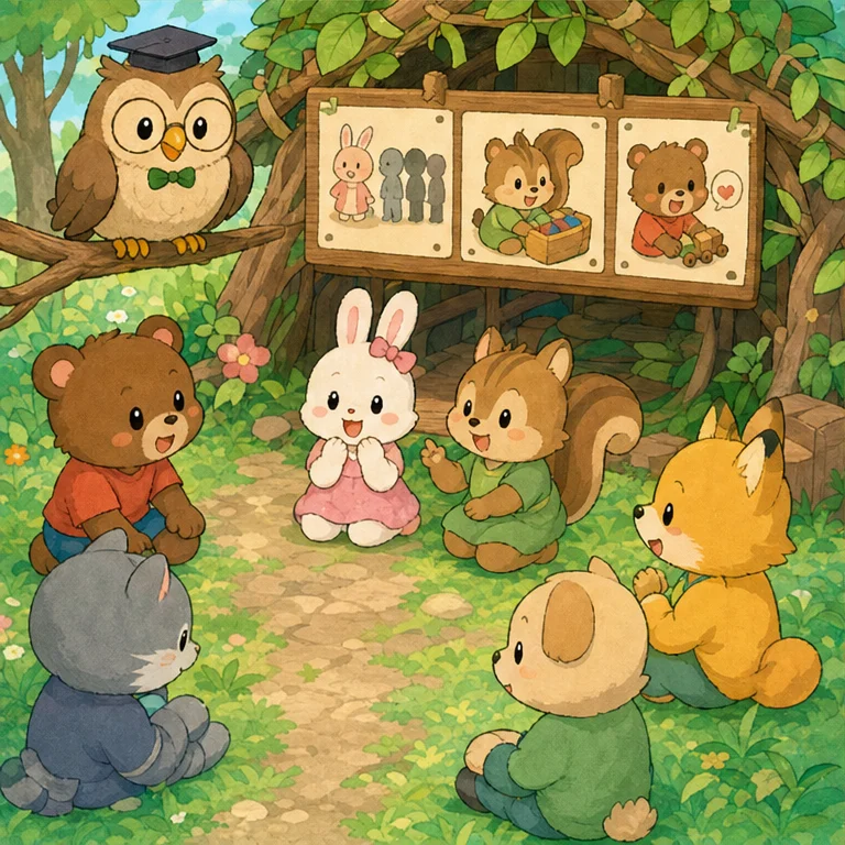 そこで、みんなは秘密基地の前に集まりました。
りすくんが言いました。
「みんなが楽しく遊べるように、ルールを決めようよ。」
ふくろう先生も、やさしく言いました。
「困ったときは、怒鳴らないで、お話しするといいね。」
みんなで考えて、3つのルールを決めました。
1つ目、順番を守る。
2つ目、使った物は元に戻す。
3つ目、いやなときは『やめてね』『あとで貸してね』とやさしく言う。