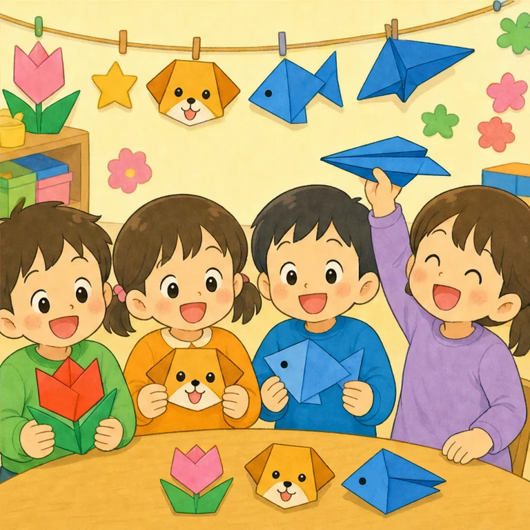 완성, 완성!
튤립, 강아지, 물고기, 종이비행기.
모두의 종이접기가 멋지게 완성되었어요.
같은 종이도 다른 모양으로 변신해요.
만든 종이접기는 소중히 장식하거나 서로 보여 주어요.
마지막에는 쓰지 않은 종이를 깨끗하게 정리해요.