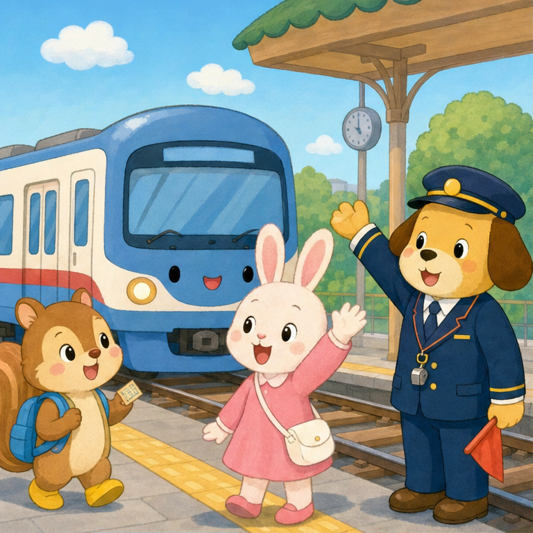 電車は、線路の上を走る乗り物だよ。
駅にくると、みんなを乗せて出発するよ。
遠いところにも、楽しく行けるんだ。