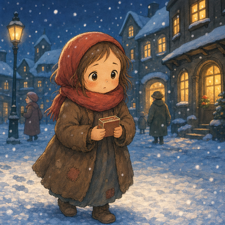 雪が しんしんと ふる 夜でした。
小さな 女の子が、マッチを 持って 町に 立っていました。
「マッチは いりませんか？」
でも、みんな 忙しくて、なかなか 気づいてくれません。