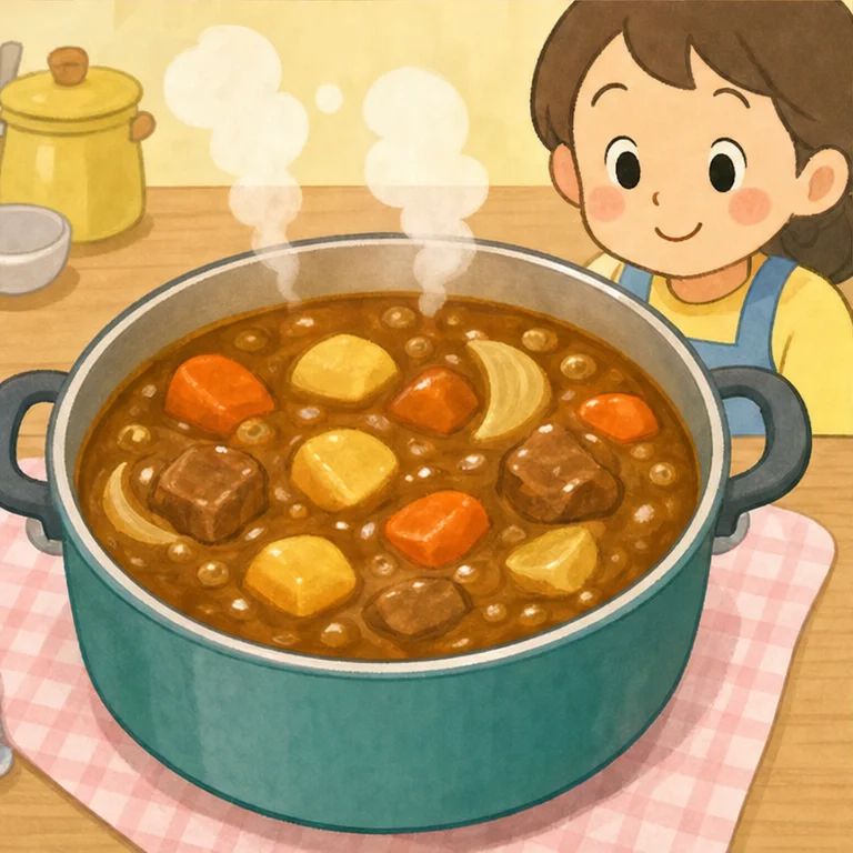 Put the vegetables and meat into a pot and let them simmer, bubble bubble.
Then the hard vegetables become soft.
A nice curry smell starts to float through the air.
Hot pots are dangerous, so be sure to be with a grown-up.