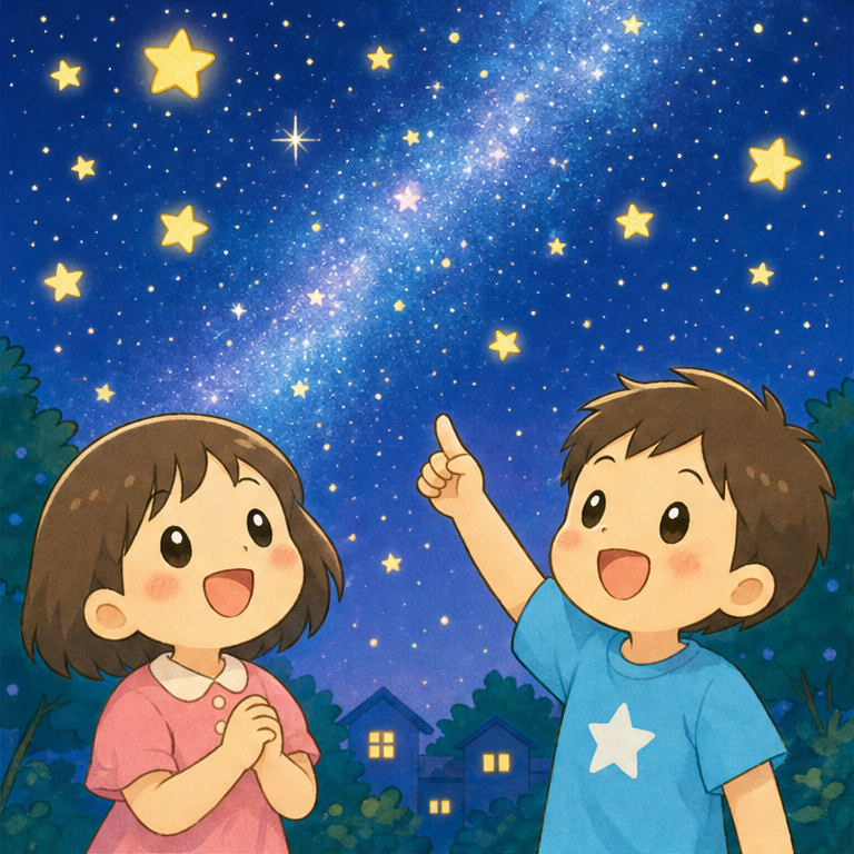 七夕は、7月7日の夜に楽しむ、夏の行事です。
夜のお空には、キラキラ光るお星さまがいっぱい。
みんなでお星さまを見たり、お願いごとをしたりします。
「きれいなお空だね」「どんなお願いをしようかな？」