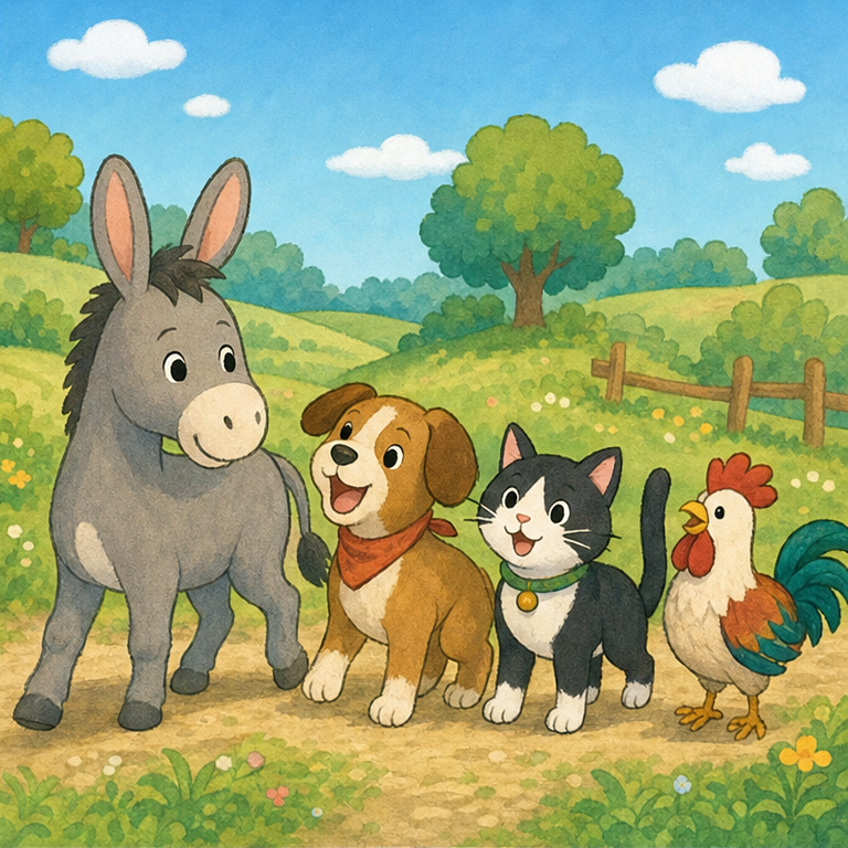 道を行くと、ろばさんは 犬さんに 会いました。
犬さんも、年をとって 走るのが ゆっくりに なっていました。
「いっしょに 音楽隊に なろう！」
つぎに、ねこさんと おんどりさんにも 会いました。
みんなで 歌えば、きっと楽しいね！
ろばさん、犬さん、ねこさん、おんどりさんは、なかまに なりました。