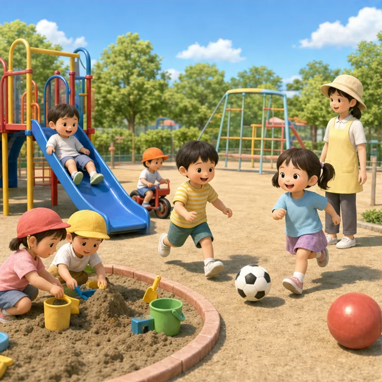 In the playground, we move our bodies and play.
We run and play on the slide.
When we take turns, everyone can have fun together.