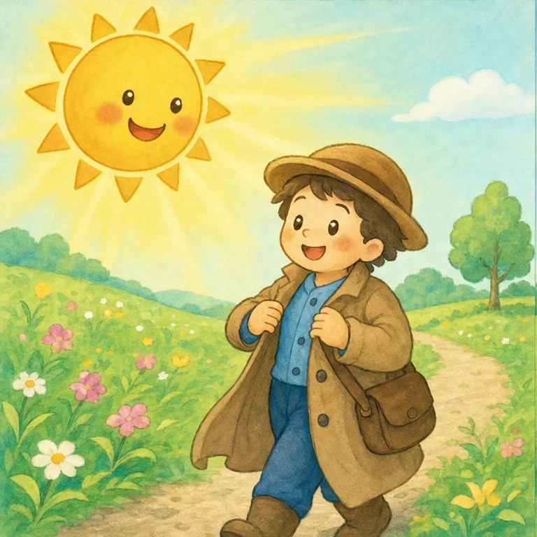 Next, it was the Sun’s turn.
The Sun smiled and shone gently.
Warm and cozy, warm and cozy.
The traveler gradually began to feel warmer.
"Ah, it feels so warm."
The traveler unbuttoned his coat.