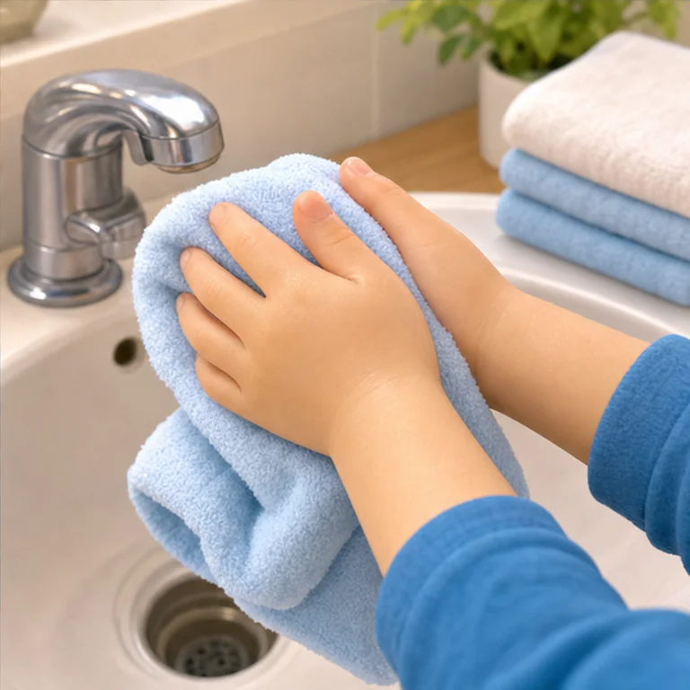 Rinse the bubbles well with water.
Dry the water on your hands with a clean towel.
Your hands feel fresh and clean.
