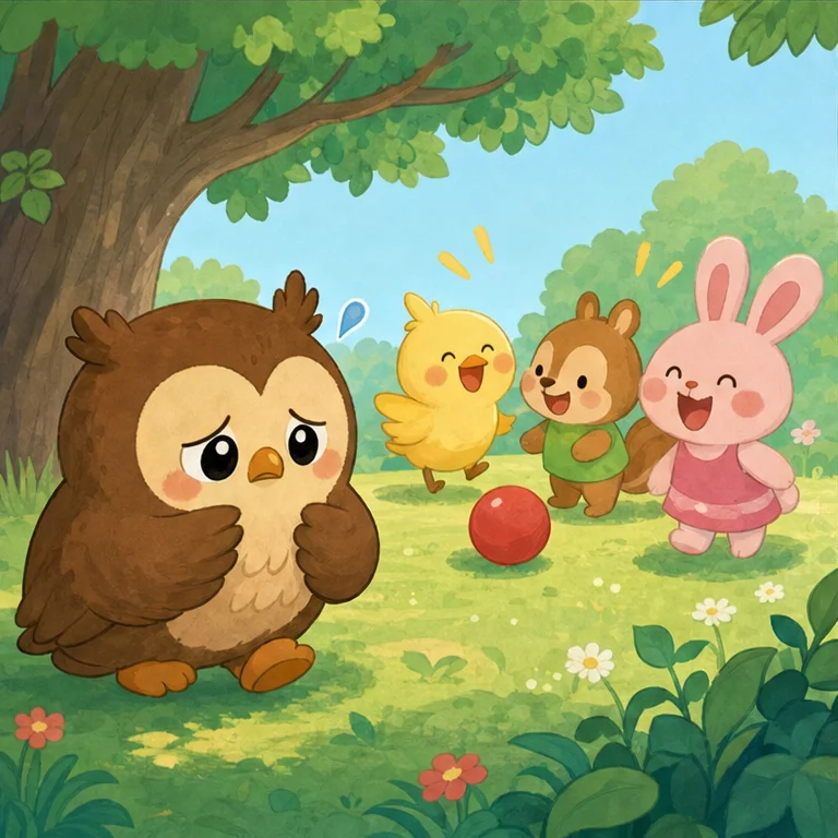 ふくろうくんが やっと 起きて 広場へ 行くと、
楽しい ボールあそびは、もう おしまいの 時間でした。
「あれれ……ぼくも あそびたかったな」
おともだちは言いました。
「こんどは 朝から いっしょに あそぼうね」