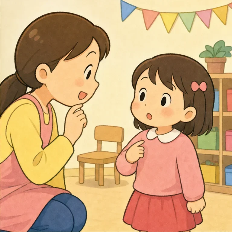 せんせいが ききました。
「あなたの おなまえは？」
おなまえは、じぶんを よぶ ときの ことばです。
ひなちゃんの おなまえは、なんだっけ？