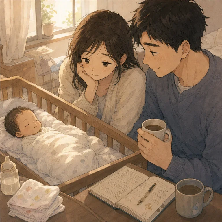 새벽녘, 드디어 아기가 잠든 뒤에도, 우리는 잠시 그 잠든 얼굴을 바라보고 있었습니다.
그 씨익 웃은 얼굴에 특별한 의미가 있었는지는 알 수 없습니다.
하지만 수면 부족으로 녹초가 되었던 밤에, 아기가 준 선물처럼 느껴졌습니다.
사진으로는 남지 않았지만, 가족 안에서는 몇 번이고 이야기하고 싶어지는, 첫 번째 작은 추억이 되었습니다.
