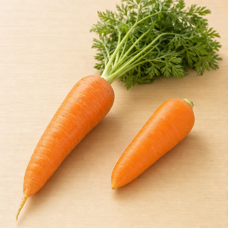 にんじんは、野菜です。
細長い形で、オレンジ色をしています。
上には、緑の葉っぱがつきます。