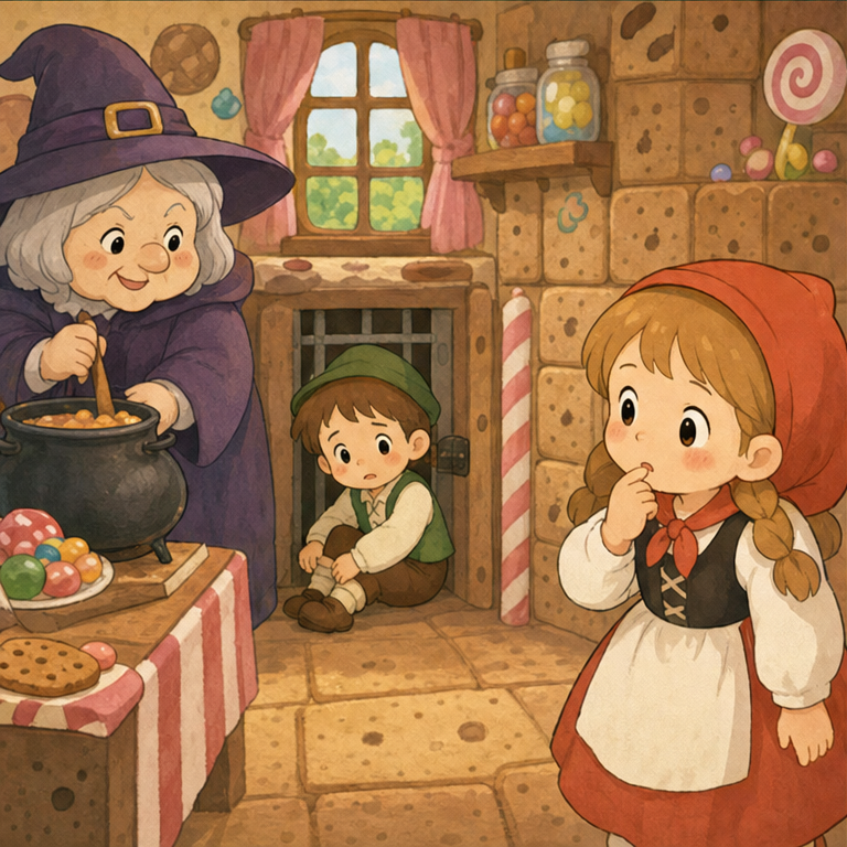 おかしのおうちには、魔法使いのおばあさんが住んでいました。
おばあさんは、ふたりを家に入れましたが、ほんとうは少しこわい人でした。
ヘンゼルとグレーテルは、びっくりしました。
でも、グレーテルは「お兄ちゃんを助けたい」と考えました。