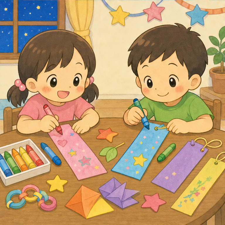 七夕には、細長い紙にお願いごとを書きます。
この紙を「たんざく」といいます。
「元気に遊べますように」
「大きくなったらケーキ屋さんになりたい」
お願いごとは、自分の心の中の「こうなったらいいな」です。