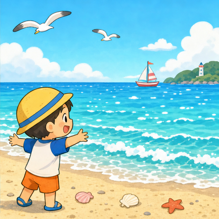 海に つきました！
ざぶーん、ざぶーん。波の 音が 聞こえます。
砂浜には、さらさらの 砂や、かわいい 貝がらが あります。
海は きれいだけど、とても 大きいので、大人と いっしょに 遊びます。