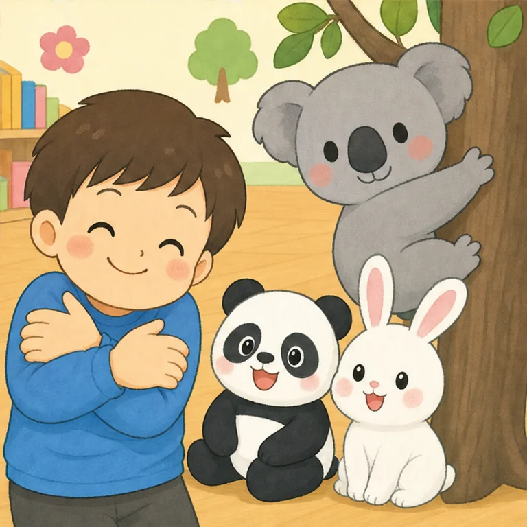 さいごは、コアラさん。
コアラさんは、木にぎゅっとつかまるよ。
両手で自分の体を、ぎゅーっと抱っこしてみよう。
パンダさん、うさぎさん、コアラさん。みんなでまねっこできたね。