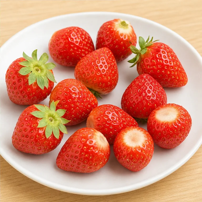いちごは、よく洗ってから食べます。
みどりのへたは、取って食べます。
あまくて、少しすっぱい味がすることもあります。