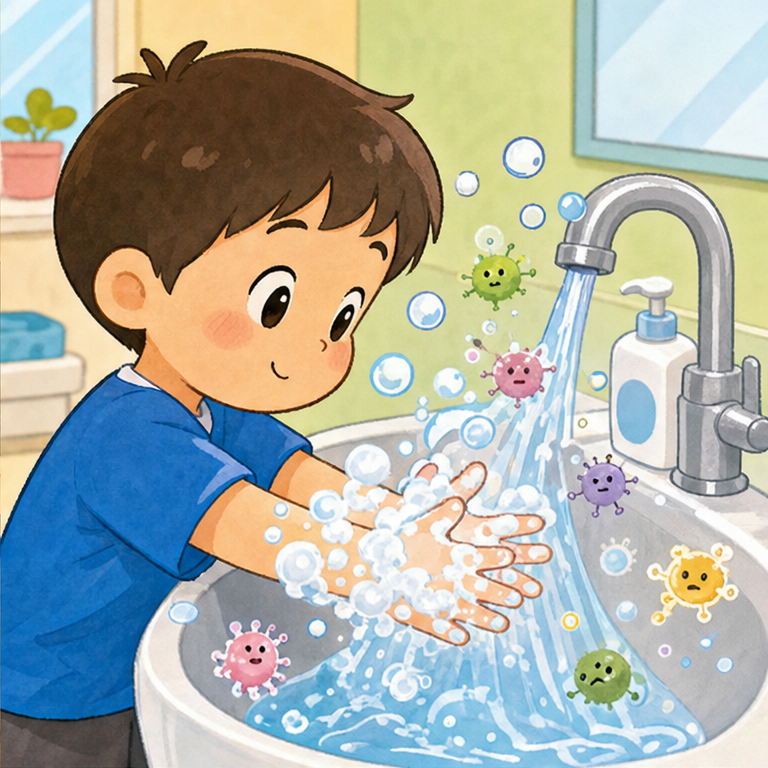 ゆうたくんは、すこし めんどうだなと おもいました。
でも、水どうへ いって、せっけんを つけました。
てのひらを ごしごし。てのこうも ごしごし。
ゆびの あいだも、あわあわで しっかり あらいます。