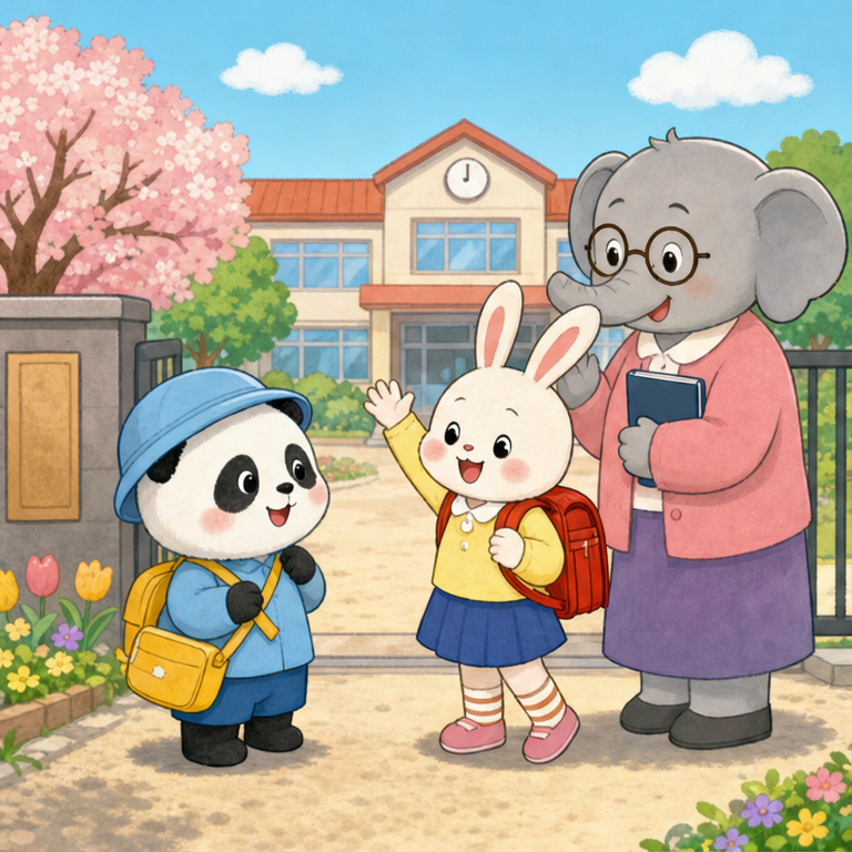 小学校は、少し大きくなった子どもが通うところです。
ランドセルをせおって、先生や友だちに会いに行きます。
幼稚園より少し大きな建物で、いろいろなことをします。