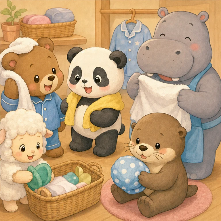 おふろから出たら、からだをよくふこう。
パジャマを着ると、ぽかぽかでいい気持ち。
きれいになって、にこにこだね。