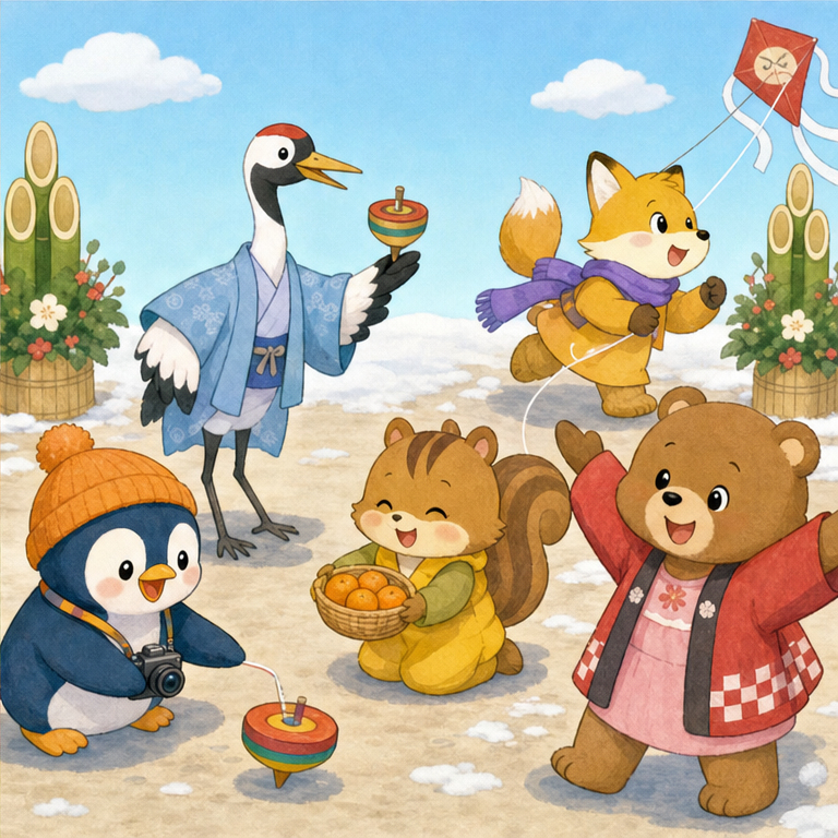 日本の冬には、お正月もあります。
新しい年をよろこんで、あいさつをしたり、遊んだりします。
寒くても、冬には楽しいことがたくさんあるね。