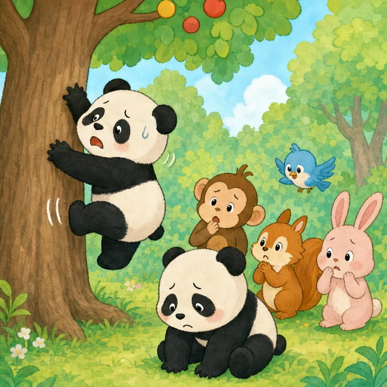 子パンダは、よいしょ、よいしょと 登ろうとしました。
でも、つるん。うまく 登れません。
何回 やっても、高いところまで 行けませんでした。
子パンダは しょんぼりして、思いました。
「みんなは できるのに、ぼくだけ できない……」