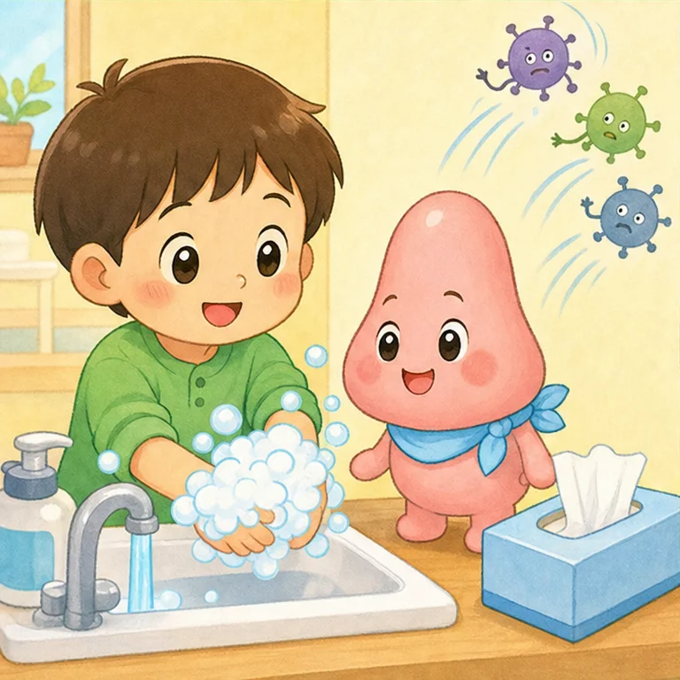 外から帰ったら、手を洗います。
よごれた手で、鼻をさわらないようにします。
鼻水は、ティッシュでやさしくふきます。