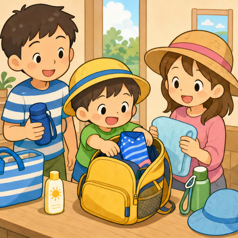 今日は、みんなで 海に 行きます。
海は、とっても 大きな 水の ひろばです。
水着、タオル、ぼうし、水とうを 持っていこうね。
暑い日は、ぼうしを かぶって、お水も 飲もうね。