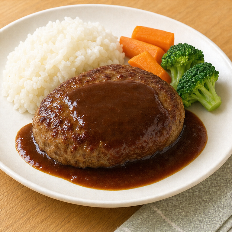 できたハンバーグは、お皿にのせます。
ごはんや野菜と一緒に食べることがあります。
やわらかくて、あたたかい料理です。