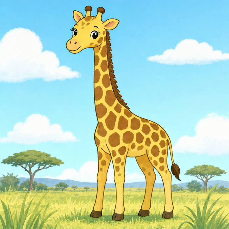 これは、きりんです。
きりんは、とても 首が ながい 動物です。
足も ながくて、背が とっても 高いです。
体には、茶色の まだら模様が あります。