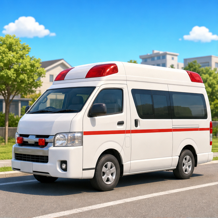 きゅう急車は、急いで助けがひつような人のところへ行く車です。
白い車体に、赤いランプがついています。
病気の人や、けがをした人を助けます。
