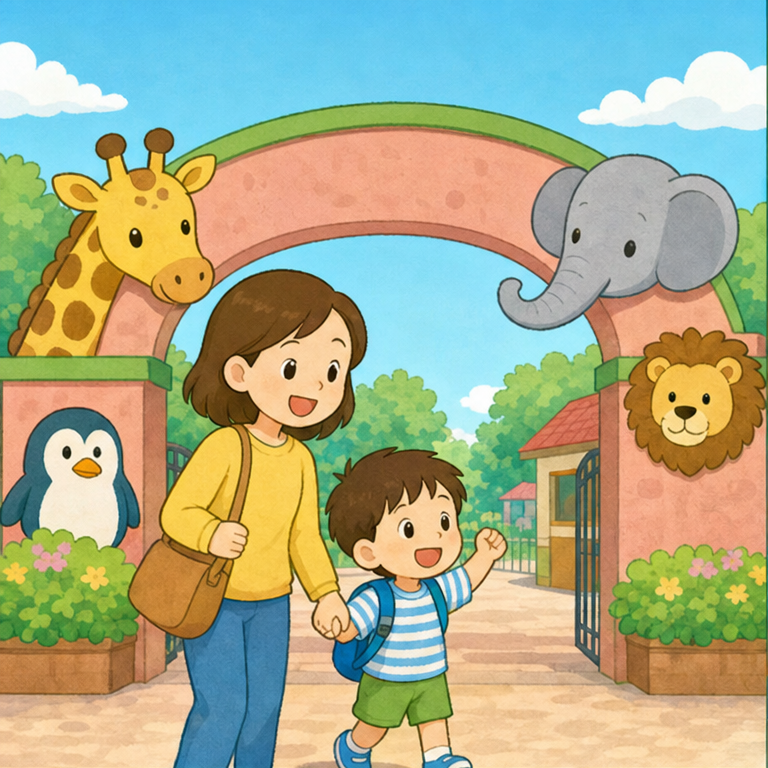 今日は 動物園に 来ました。
動物園には、いろいろな 動物さんが います。
大きい動物、小さい動物、ゆっくり歩く動物、ぴょんぴょん動く動物。
どんな動物さんに 会えるかな？ わくわくするね。