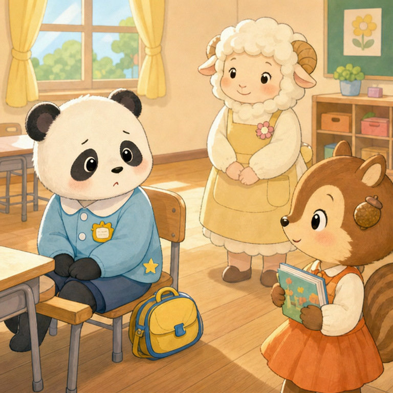 はるくんは、あたらしい教室に来ました。
みんなとお話ししたいけれど、ちょっとどきどきしています。
なんて言えばいいのかな、と考えています。